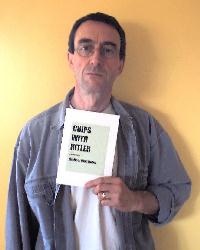 The Author full-on mugshot, holding a dummy copy of CHIPS WITH HITLER